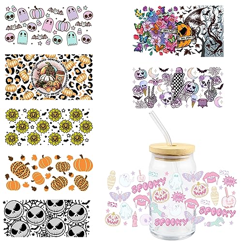 10 Sheets Halloween UV DTF Transfer Sticker 3D Cups Wraps Stickers for 16oz Libbey Glass Mug Waterproof Rub on Transfers Decal for Crafts