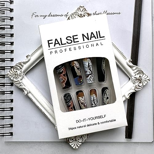 Halloween Press on Nails Long Square Fake Nails Eight Ghost Face Bleed Designs False Nails Full Cover Abstract Acrylic Nails Matte Extra Long Glue on Nails Halloween Stick on Nails for Women Girls