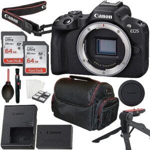 canon eos r50 mirrorless camera (body only) + 2pc 64gb memory cards + tripod + case & more