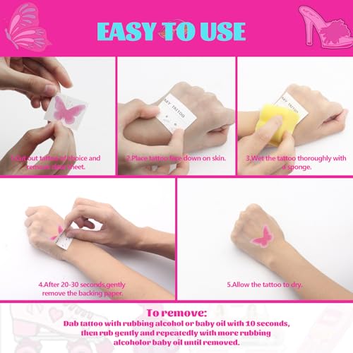 60PCS Hot Pink Tattoos Temporary for Girls, Princess Tattoos Stickers Waterproof Temporary Tattoos for Girls Kids Cute Party Favors Supplies for Birthday Decorations