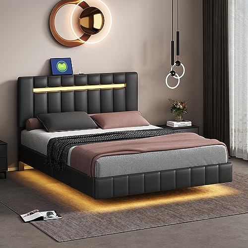 Modern Queen Size Upholstered Platform Bed with LED Lights and USB Charging,Floating Bed Frame for Kids Teens Adults Bedroom Use (Queen, Black@LED Lights)