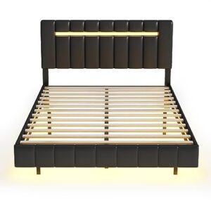 Modern Queen Size Upholstered Platform Bed with LED Lights and USB Charging,Floating Bed Frame for Kids Teens Adults Bedroom Use (Queen, Black@LED Lights)