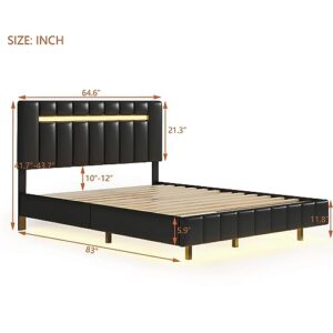 Modern Queen Size Upholstered Platform Bed with LED Lights and USB Charging,Floating Bed Frame for Kids Teens Adults Bedroom Use (Queen, Black@LED Lights)