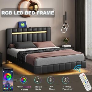 Modern Queen Size Upholstered Platform Bed with LED Lights and USB Charging,Floating Bed Frame for Kids Teens Adults Bedroom Use (Queen, Black@LED Lights)