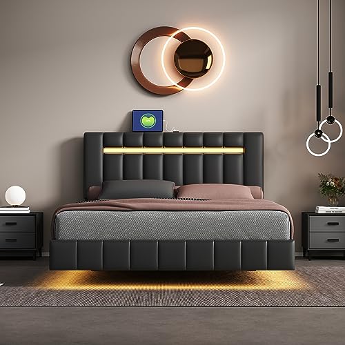 Modern Queen Size Upholstered Platform Bed with LED Lights and USB Charging,Floating Bed Frame for Kids Teens Adults Bedroom Use (Queen, Black@LED Lights)