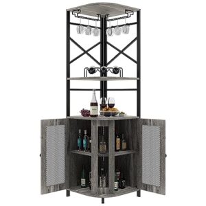 osfvolr bar cabinet w/wine rack and glass holder, corner cabinet with mesh door, corner bar cabinet with adjustable shelf, liquor cabinet bar for home, black oak, a2