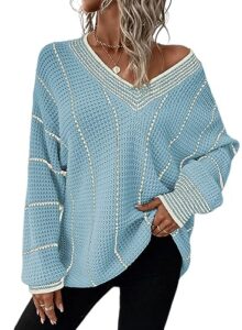 dokotoo womens winter sweaters 2023 striped long jumper tops fashion color block v neck oversized sweaters for women sky blue small