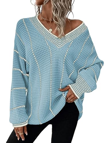 Dokotoo Womens Winter Sweaters 2023 Striped Long Jumper Tops Fashion Color Block V Neck Oversized Sweaters for Women Sky Blue Small