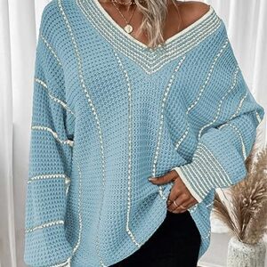 Dokotoo Womens Winter Sweaters 2023 Striped Long Jumper Tops Fashion Color Block V Neck Oversized Sweaters for Women Sky Blue Small