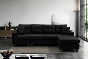 biadnbz sectional sofa couch with reversible chaise lounge and cupholders, modern l-shaped living room set w/2 pillows for apartment, black