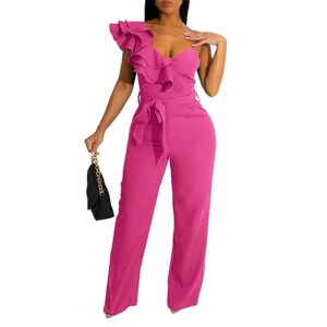kaimimei womens casual jumpsuits v-neck sleeveless ruffle backless belted wide leg pant sexy romper party clubwear barbie pink l