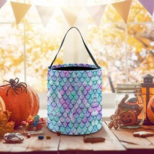 SLNFDKND Rainbow Mermaid Scale Halloween Bucket Trick Or Treat Buckets Candy Tote Bag for Kids Halloween Decorations