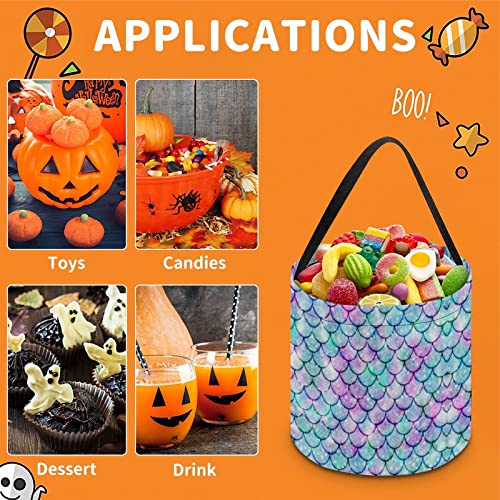 SLNFDKND Rainbow Mermaid Scale Halloween Bucket Trick Or Treat Buckets Candy Tote Bag for Kids Halloween Decorations