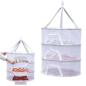 kasclino herb drying rack 3 layer hanging mesh net, foldable herb dryer hanging rack with zipper, for buds, fruits, hydroponics flowers, vegetables, fish, clothes, doll(white)