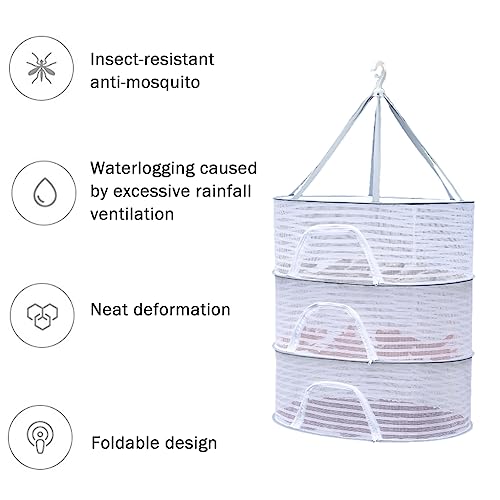 KASCLINO Herb Drying Rack 3 Layer Hanging Mesh Net, Foldable Herb Dryer Hanging Rack with Zipper, for Buds, Fruits, Hydroponics Flowers, Vegetables, Fish, Clothes, Doll(White)