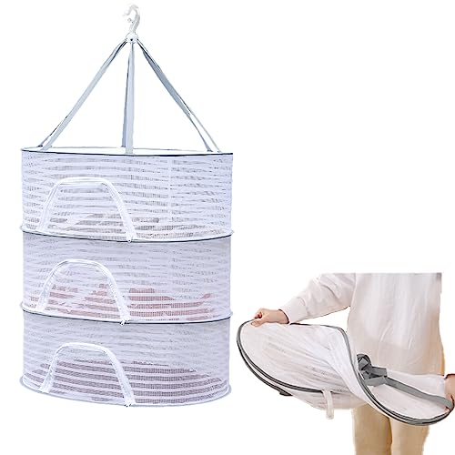 KASCLINO Herb Drying Rack 3 Layer Hanging Mesh Net, Foldable Herb Dryer Hanging Rack with Zipper, for Buds, Fruits, Hydroponics Flowers, Vegetables, Fish, Clothes, Doll(White)