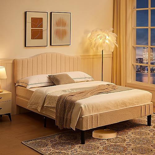 VECELO Upholstered Bed Frame Queen Size, Platform Bed Frame with Adjustable Headboard, Sheepskin Fabric Bed with Strong Wood Slats and 7.9'' Under Bed Space, Noise Free No Box Spring Needed, Beige