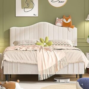 vecelo upholstered bed frame queen size, platform bed frame with adjustable headboard, sheepskin fabric bed with strong wood slats and 7.9'' under bed space, noise free no box spring needed, beige