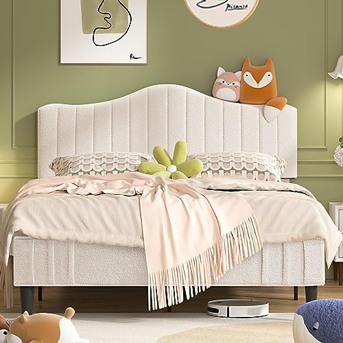 VECELO Upholstered Bed Frame Queen Size, Platform Bed Frame with Adjustable Headboard, Sheepskin Fabric Bed with Strong Wood Slats and 7.9'' Under Bed Space, Noise Free No Box Spring Needed, Beige