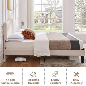 VECELO Upholstered Bed Frame Queen Size, Platform Bed Frame with Adjustable Headboard, Sheepskin Fabric Bed with Strong Wood Slats and 7.9'' Under Bed Space, Noise Free No Box Spring Needed, Beige