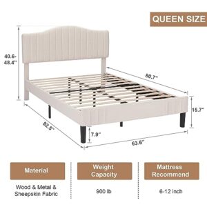 VECELO Upholstered Bed Frame Queen Size, Platform Bed Frame with Adjustable Headboard, Sheepskin Fabric Bed with Strong Wood Slats and 7.9'' Under Bed Space, Noise Free No Box Spring Needed, Beige