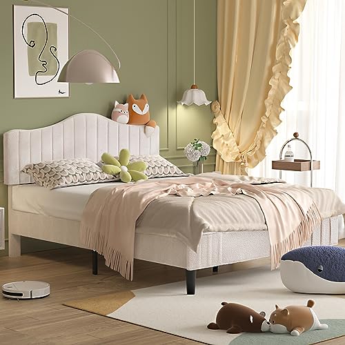 VECELO Upholstered Bed Frame Queen Size, Platform Bed Frame with Adjustable Headboard, Sheepskin Fabric Bed with Strong Wood Slats and 7.9'' Under Bed Space, Noise Free No Box Spring Needed, Beige