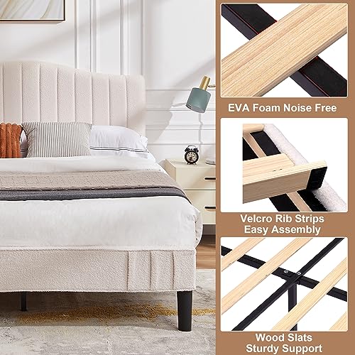 VECELO Upholstered Bed Frame Queen Size, Platform Bed Frame with Adjustable Headboard, Sheepskin Fabric Bed with Strong Wood Slats and 7.9'' Under Bed Space, Noise Free No Box Spring Needed, Beige