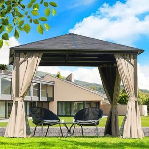 10'x10' outdoor hardtop gazebo permanent canopy with galvanized steel single roof, aluminum frame,curtains and netting,can be used for sunshade and rain protection on the garden backyard terrace