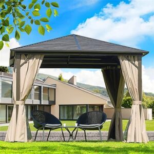 10'X10' Outdoor Hardtop Gazebo Permanent Canopy with Galvanized Steel Single Roof, Aluminum Frame,Curtains and Netting,Can Be Used for Sunshade and Rain Protection On The Garden Backyard Terrace