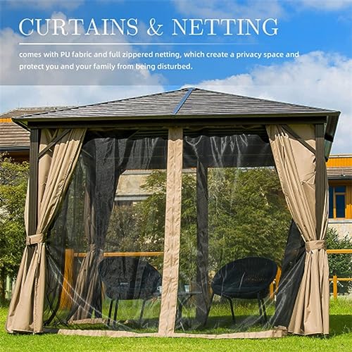 10'X10' Outdoor Hardtop Gazebo Permanent Canopy with Galvanized Steel Single Roof, Aluminum Frame,Curtains and Netting,Can Be Used for Sunshade and Rain Protection On The Garden Backyard Terrace