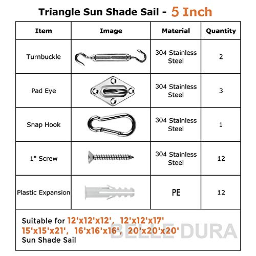 BELLE DURA Sun Shade Sail Patio 20'X20'X20' Rust Red 304 Stainless Steel Hardware Kit 5 Inch Installation Set Cover for Canopy Outdoor,185GSM TriangleAwning Shade Sails for Backyard Lawn Garden