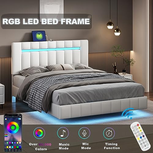 Hlcodca Queen Size Floating Bed Frame with Led Lights and USB Charging,Modern Upholstered Platform Led Bed Frame,No Box Spring Needed (White-1)