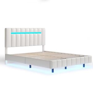 Hlcodca Queen Size Floating Bed Frame with Led Lights and USB Charging,Modern Upholstered Platform Led Bed Frame,No Box Spring Needed (White-1)