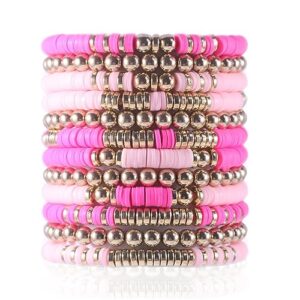 pipitree 12pc surfer heishi pink clay bead bracelets for women, bohemian stackable gold beaded bracelets, elastic layering friendship bracelets boho jewelry