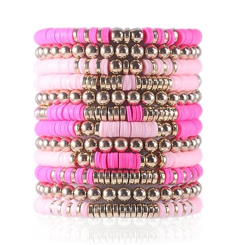 PIPITREE 12pc Surfer Heishi Pink Clay Bead Bracelets for Women, Bohemian Stackable Gold Beaded Bracelets, Elastic Layering Friendship Bracelets Boho Jewelry