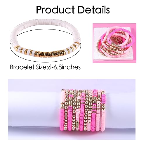 PIPITREE 12pc Surfer Heishi Pink Clay Bead Bracelets for Women, Bohemian Stackable Gold Beaded Bracelets, Elastic Layering Friendship Bracelets Boho Jewelry