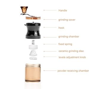 Elvaesther Ceramic Coffee Mill, Mini Coffee Bean Grinder, Household Manual Coffee Grinder 9 Levels Adjustable Mini Portable Washable Stainless Steel Coffee Mill Black