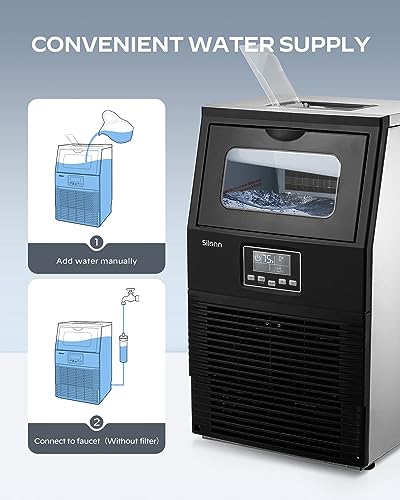 Silonn Commercial Ice Maker Machine, 90LBS/24H with 30lbs Bin, Full Heavy Duty Stainless Steel Construction, Self-Cleaning, Clear Cube for Home Bar, Include Scoop, Connection Hose