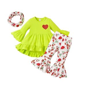 noubeau toddler baby girls halloween outfits letter print flare sleeve dress shirt cute pumpkin bell-bottoms pants scarf (green, 12-18 months)