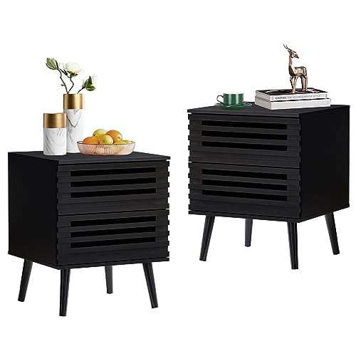 PHOYAL Nightstand Set of 2, End Side Table Modern Farmhouse Nightstand Modern Wood Accent Side Table Night Stands, Nightstand with Storage Drawer for Bedroom Living Room 2-Pack, Black - 2