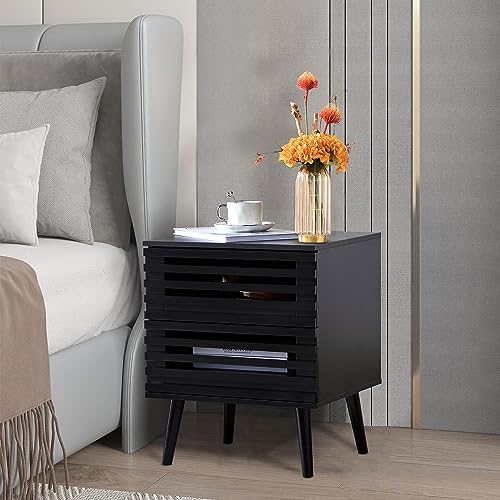 PHOYAL Nightstand Set of 2, End Side Table Modern Farmhouse Nightstand Modern Wood Accent Side Table Night Stands, Nightstand with Storage Drawer for Bedroom Living Room 2-Pack, Black - 2