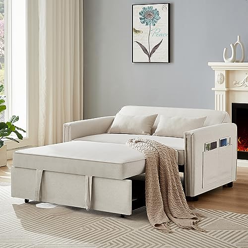 JEEOHEY 3-in-1 Convertible Sleeper Sofa Bed,54" Modern Linen Pull Out Couch Bed Futon Chair with Adjustable Backrest&Pillows,Furniture for Living Room Apartment Small Space,Beige