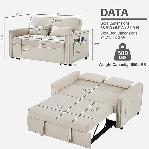 JEEOHEY 3-in-1 Convertible Sleeper Sofa Bed,54" Modern Linen Pull Out Couch Bed Futon Chair with Adjustable Backrest&Pillows,Furniture for Living Room Apartment Small Space,Beige