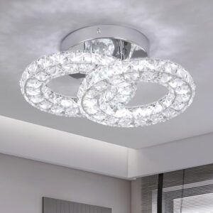 kadomm crystal led chandelier 2 ring light fixture flush mount pendant light for bedroom modern led ceiling light for living room hallyway ceiling lamp (3-color light)