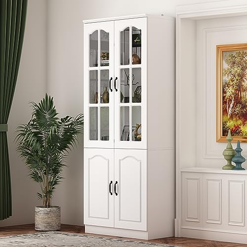 Homsee Tall Bookcase Bookshelf with 5-Tier Shelves & 2 Carved Glass Doors, Wooden Display Storage Cabinet with Arched Doors for Home Office, Living Room, White (31.5”W x 15.7”D x 78.7”H)