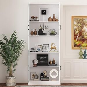 Homsee Tall Bookcase Bookshelf with 5-Tier Shelves & 2 Carved Glass Doors, Wooden Display Storage Cabinet with Arched Doors for Home Office, Living Room, White (31.5”W x 15.7”D x 78.7”H)