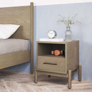 bme lyra solid wood nightstand/side table/end table - easy assembly - with 2 drawers storage for mid century modern living room and bedroom, oak light grey