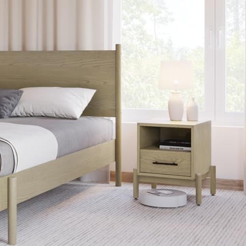 Bme Lyra Solid Wood Nightstand/Side Table/End Table - Easy Assembly - with 2 Drawers Storage for Mid Century Modern Living Room and Bedroom, Oak Light Grey