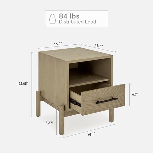 Bme Lyra Solid Wood Nightstand/Side Table/End Table - Easy Assembly - with 2 Drawers Storage for Mid Century Modern Living Room and Bedroom, Oak Light Grey