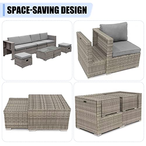 Outdoor Furniture Patio Furniture Set, 8 Pieces Wicker Rattan Conversation Sectional Sofa Couch with Comfortable Cushions for Garden Backyard Deck,Grey Wicker Denim Blue (Grey Wicker Grey Cushion)